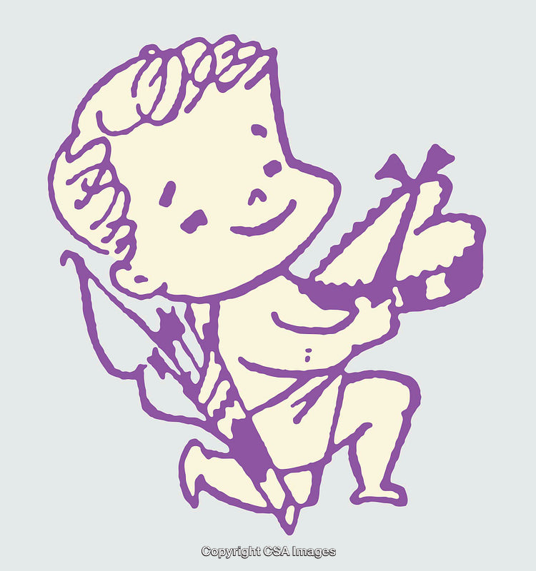 Vintage Line Art Cupid Illustration with Bow and Arrow in Lavender Tones
