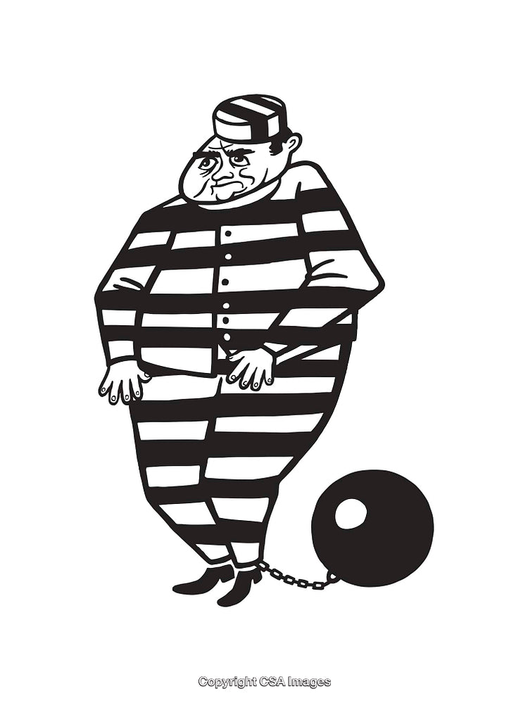 Cartoon Illustration of a Prisoner with Ball and Chain in Black and White
