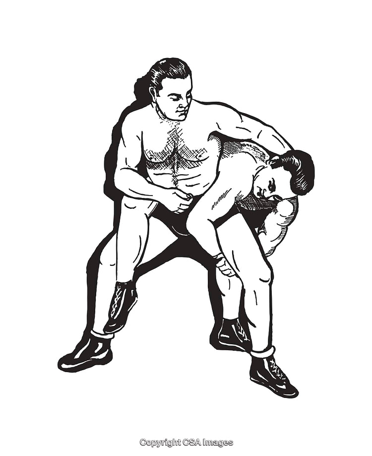 Black and White Illustration of Wrestlers in Dynamic Action Pose