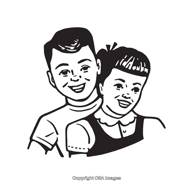 Black and White Line Art Illustration of Two Happy Smiling Children