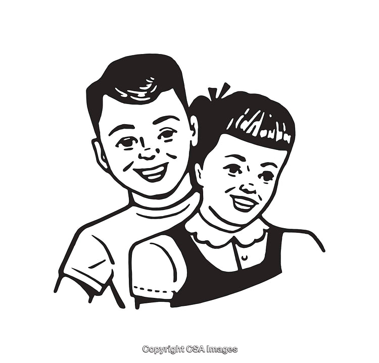 Black and White Line Art Illustration of Two Happy Smiling Children
