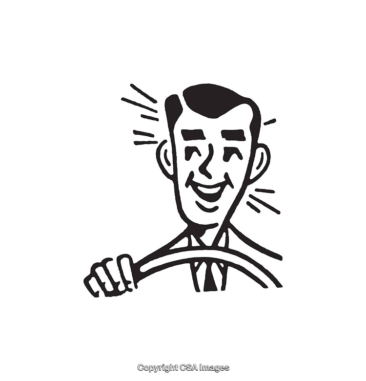 Retro Black And White Illustration of a Happy Driving Man Smiling