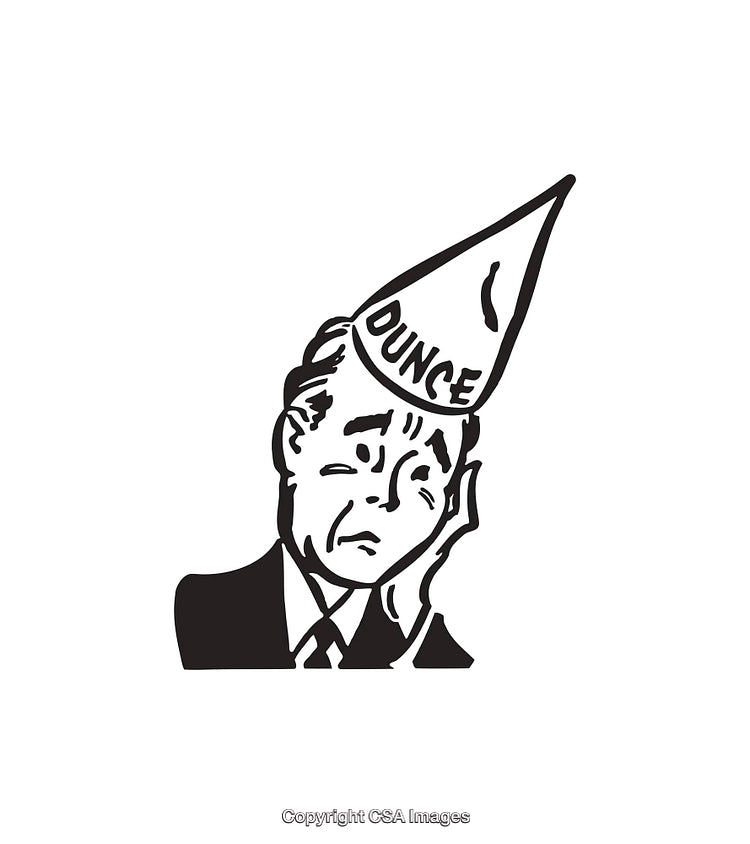 Vintage Line Art of a Man in a Dunce Hat Looking Embarrassed