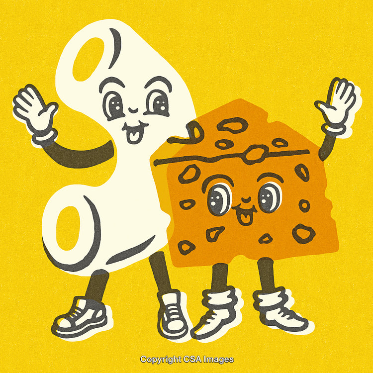 Whimsical Macaroni and Cheese Characters on Cheerful Yellow Background