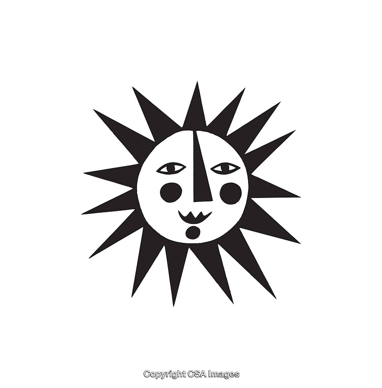 Black and White Stylized Sun with Abstract Face Design