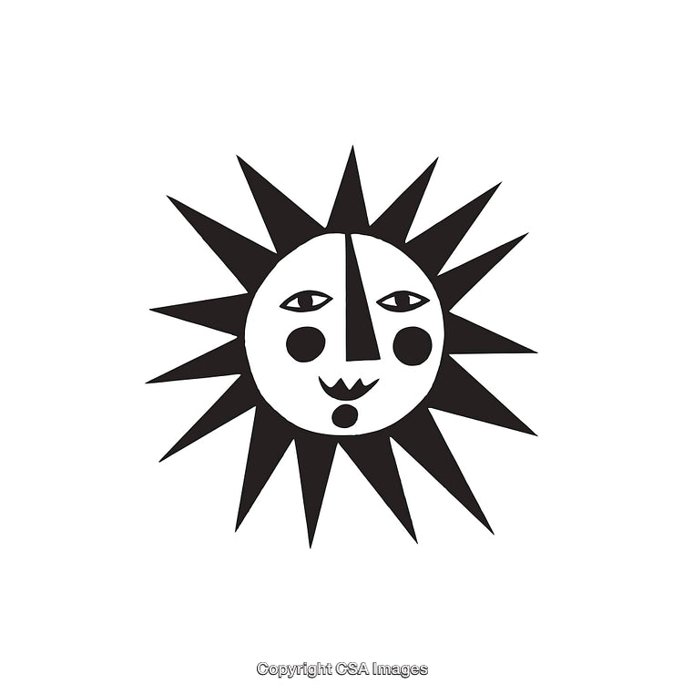 Black and White Stylized Sun with Abstract Face Design