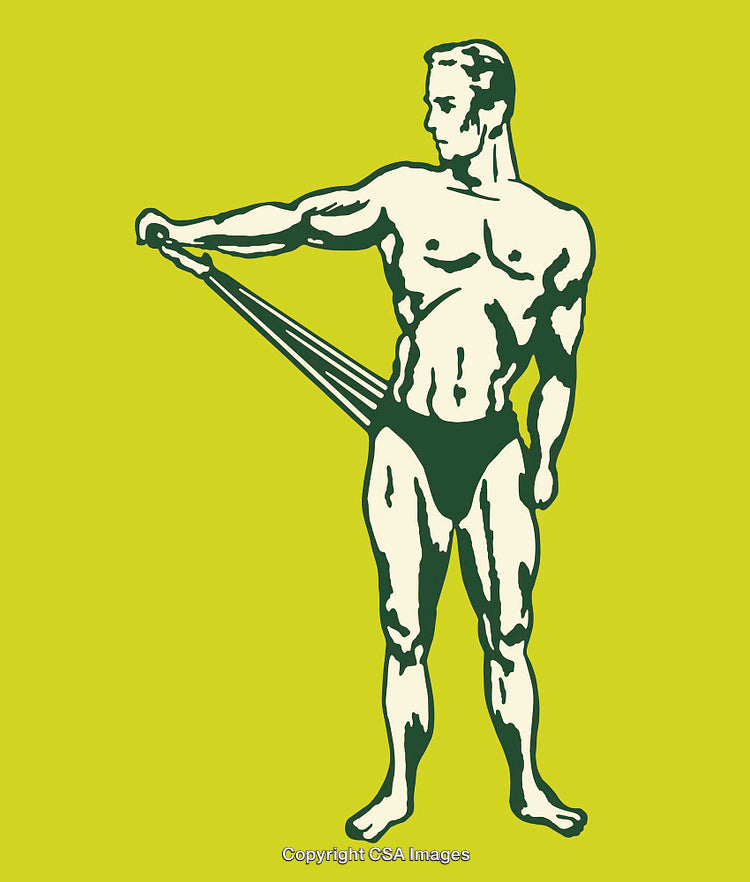 Vintage Fitness Illustration of a Bodybuilder Using Resistance Bands