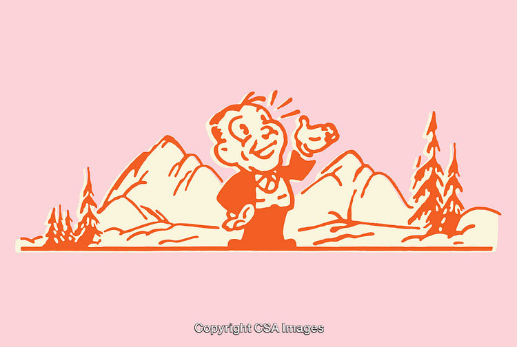 Retro Style Illustration of Man and Nature in Line Art