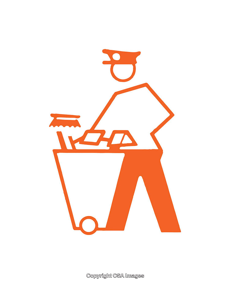 Simplistic Orange Icon Depicting Worker with Cart and Tools