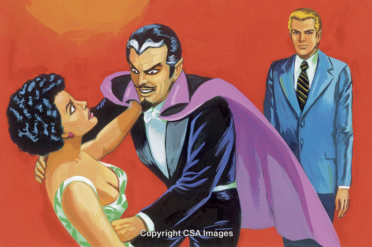 Vintage Comic Illustration Featuring Dramatic Interaction and Suspenseful Characters