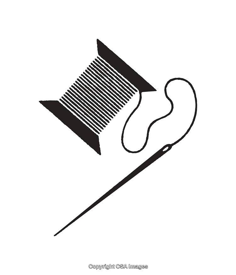 Black and White Line Art Illustration of a Needle Thread and Spool
