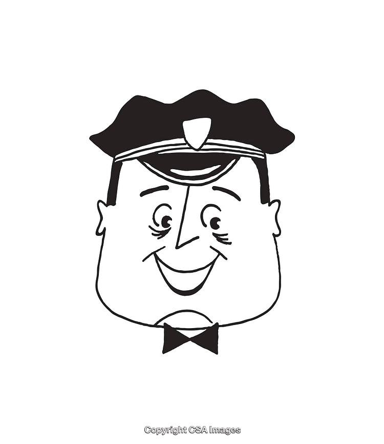 Happy Cartoon Character Police Officer Wearing A Hat and Bow-tie Line Art