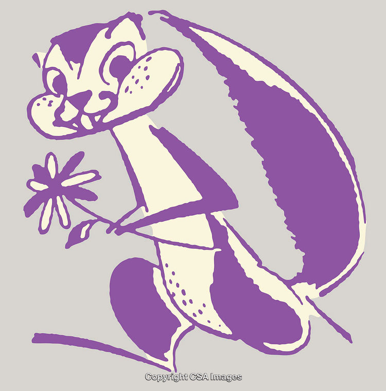 Purple Cartoon Squirrel Holding Flower in Retro Style Artwork