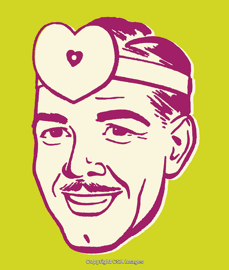 Retro Line Art Illustration of a Smiling Man with Heart Emblem