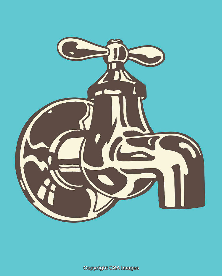 Vintage-Style Line Art Illustration of a Water Faucet in Brown and Blue