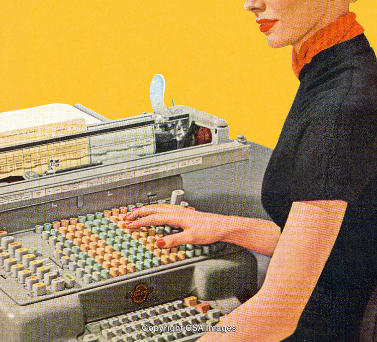 Vintage Woman Typing on Retro Office Adding Machine with Yellow Backdrop