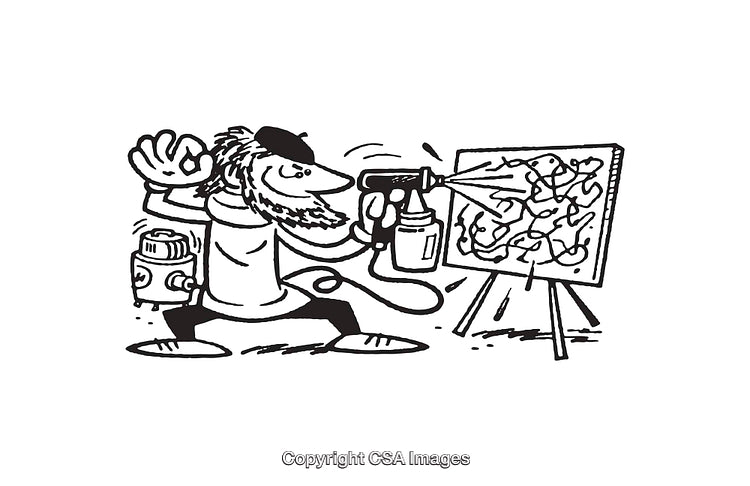 Cartoon Artist Spray Painting Abstract Art on Canvas in Black and White