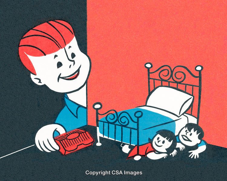 Playful Illustration of Children Playing Hide and Seek Near a Bright Bed