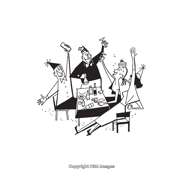 Animated Black And White Drawing of Friends Celebrating at a Party Table