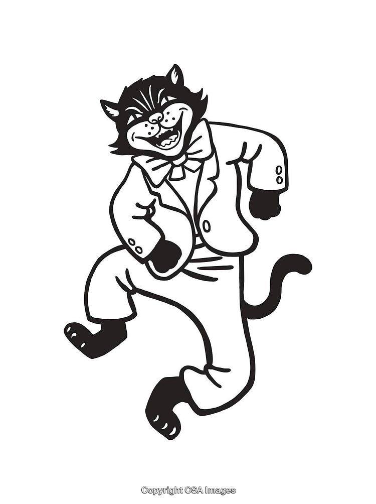 Black And White Line Art of Cat Dressed in Suit and Bow Tie