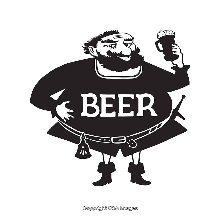 Playful Black and White Character Illustration Holding a Mug of Beer