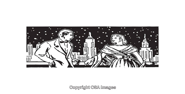 Elegant Couple on a Balcony with City Skyline at Night