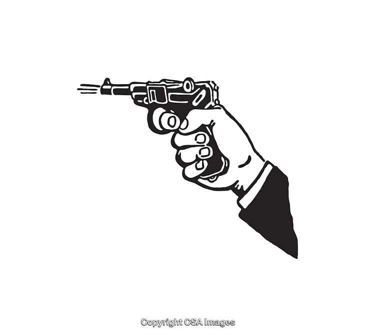 Hand Holding a Vintage Pistol in Black and White Illustration