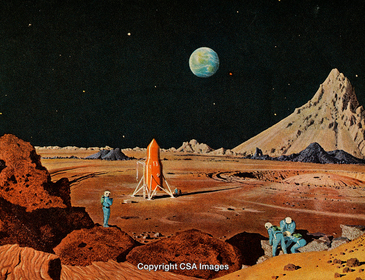 Astronauts Exploring an Alien Planet With a Rocket and Mountainous Landscape