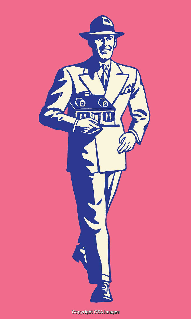 Vintage Line Art of Businessman Holding a Model House on Pink Background