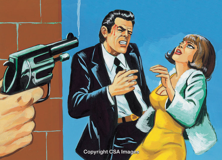 Vintage Style Artwork Depicting a Suspenseful Dramatic Scene With Characters