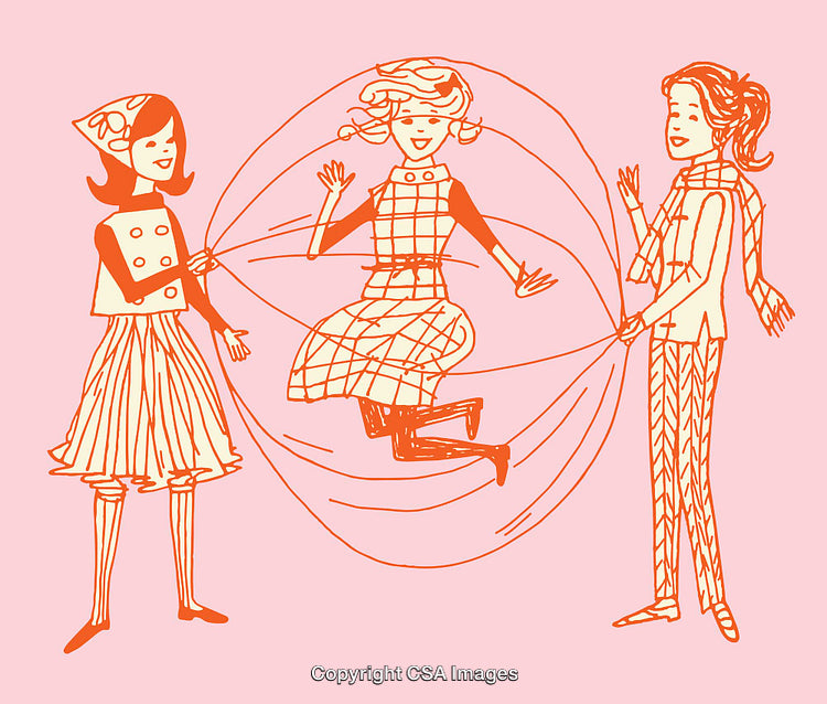 Three Friends Jump Rope in a Retro Line Art Illustration