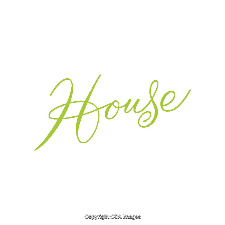 Stylized Green Script Writing of the Word 'House' on White Background
