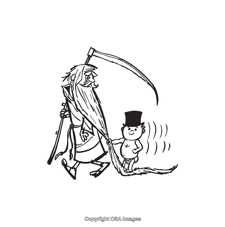 Black and White Line Art Illustration of Figures with Scythe and Hat
