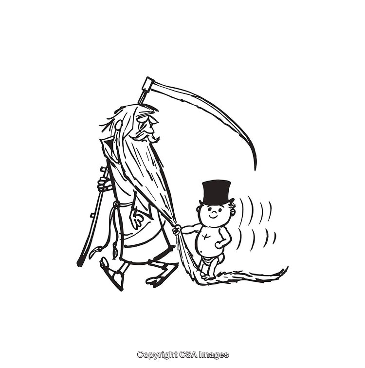 Black and White Line Art Illustration of Figures with Scythe and Hat