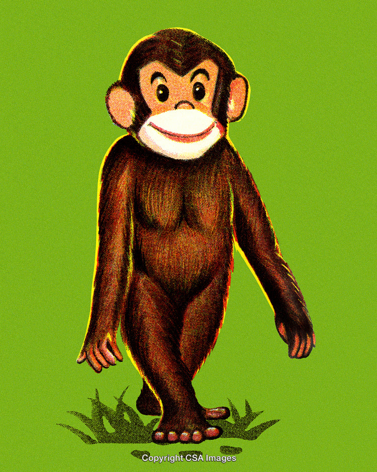 Whimsical Cartoon Monkey Standing on Grass with a Bright Green Background