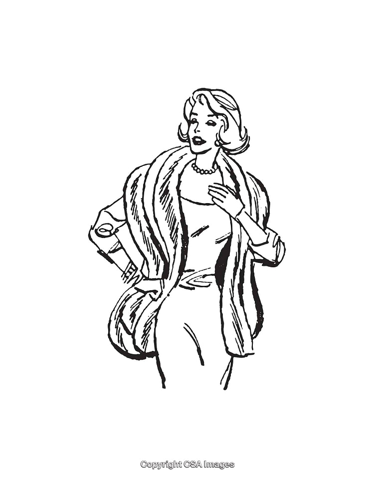Elegant Woman in Black and White Illustration Wearing Luxurious Fur Coat