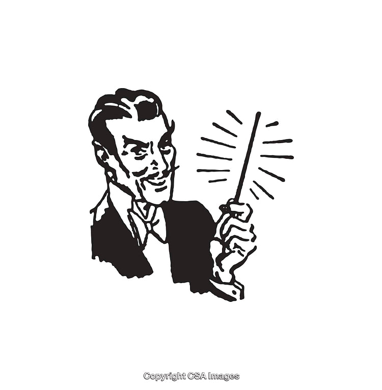 Black and White Illustration of a Man with a Magic Wand