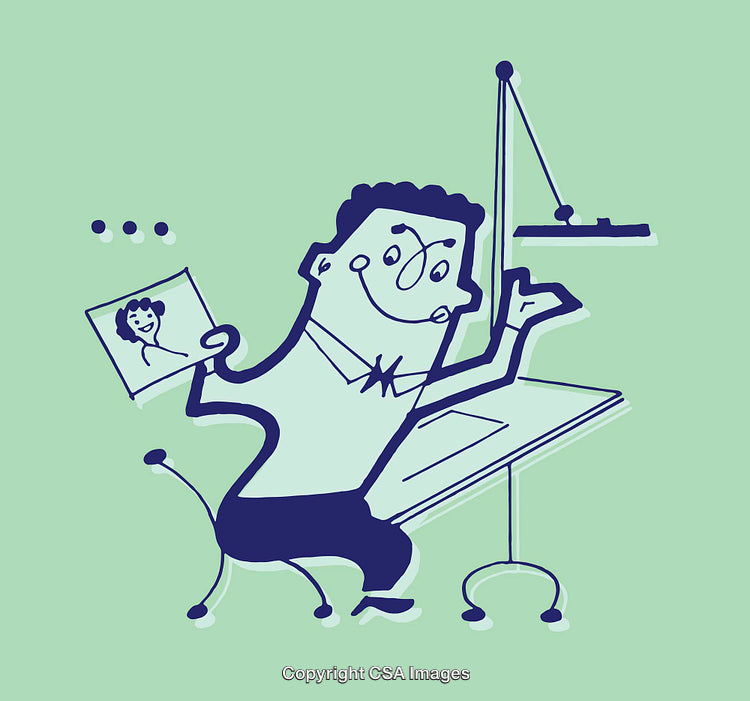 Cartoon Illustration of a Man Working at a Desk Holding a Portrait