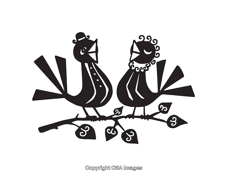 Stylized Black and White Line Art of Two Birds on a Branch