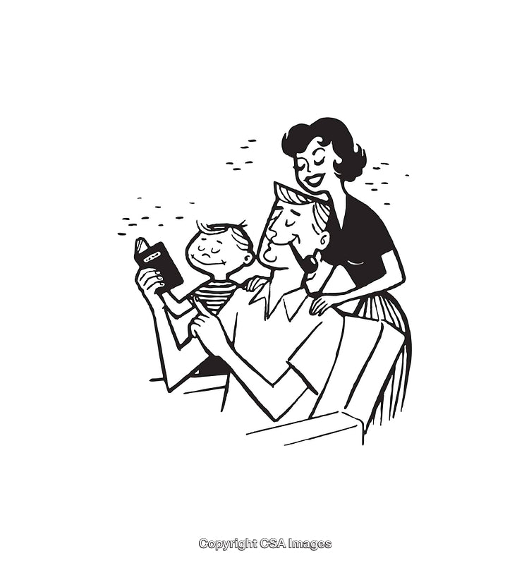 Retro Black and White Illustration of a Happy Family Moment Together
