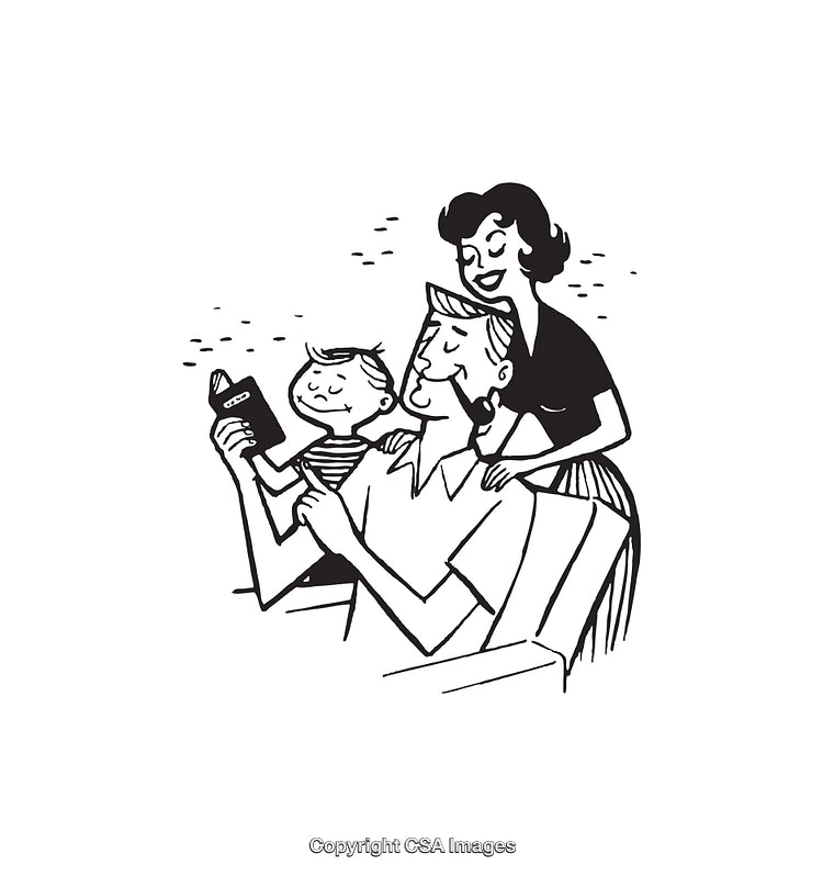Retro Black and White Illustration of a Happy Family Moment Together