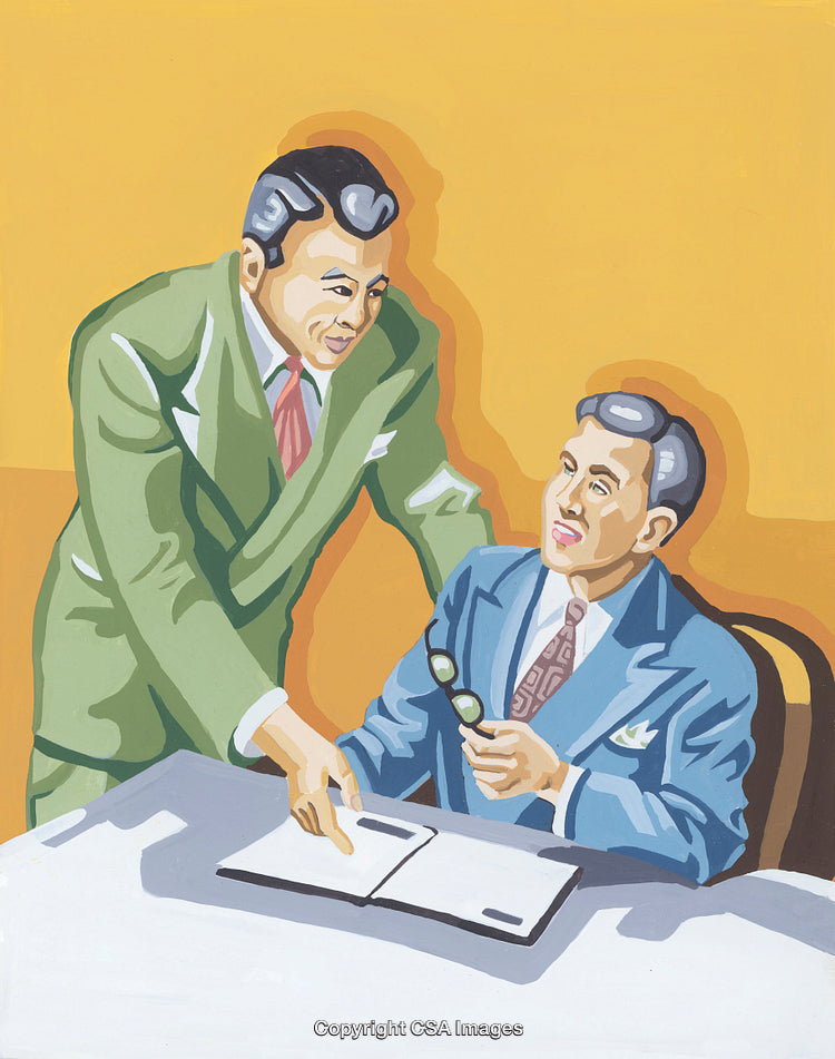 Two Men in Formal Attire Reviewing Documents in Retro Style Illustration