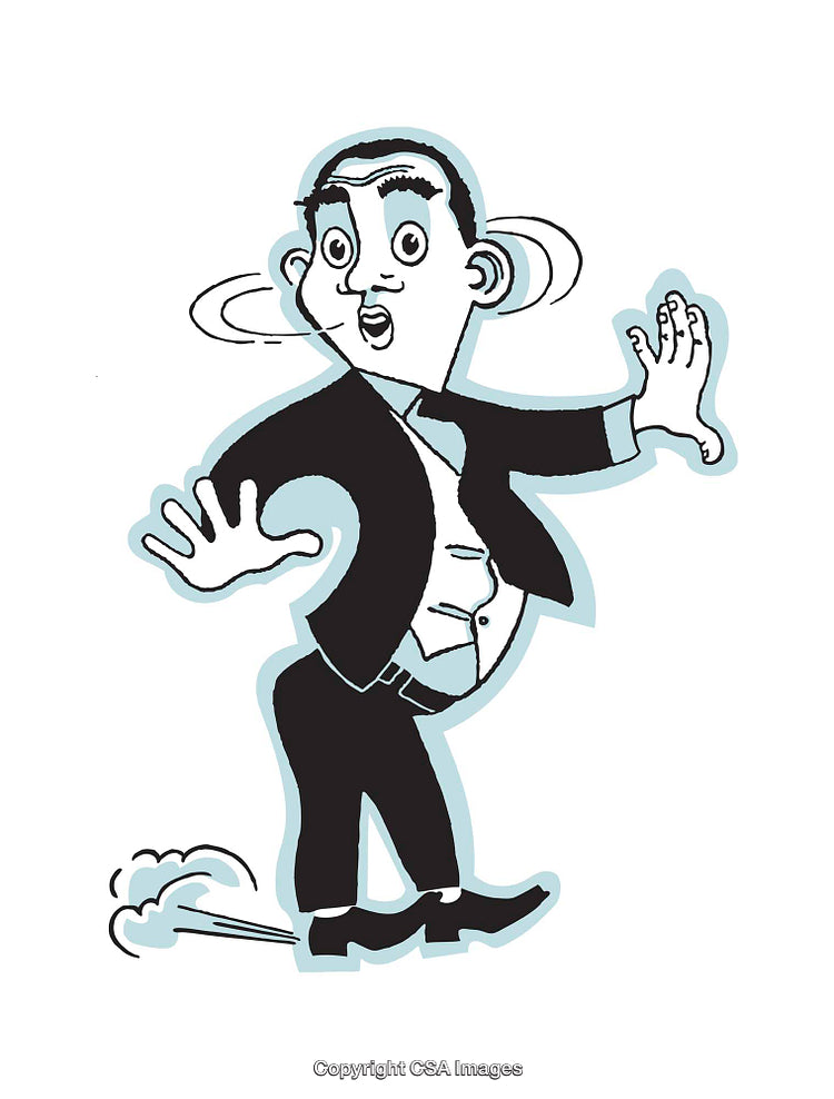 Whimsical Cartoon of a Surprised Man Reacting Hilariously with Exaggerated Expressions