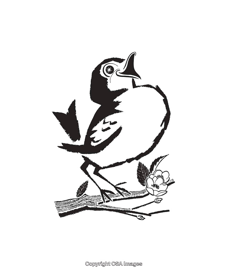 Vintage Black and White Line Art of a Singing Bird on a Branch