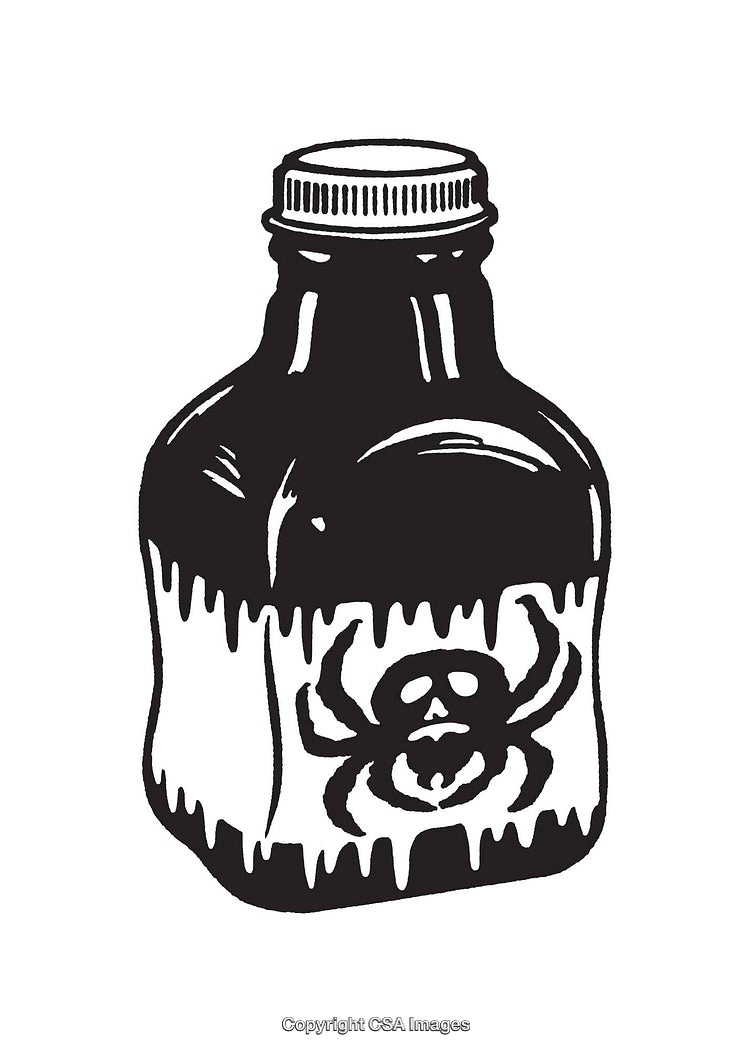 Black and White Line Art of a Poison Bottle with a Skull Symbol
