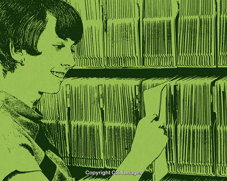 Vintage Illustration of a Woman Filing Documents with a Smiling Expression
