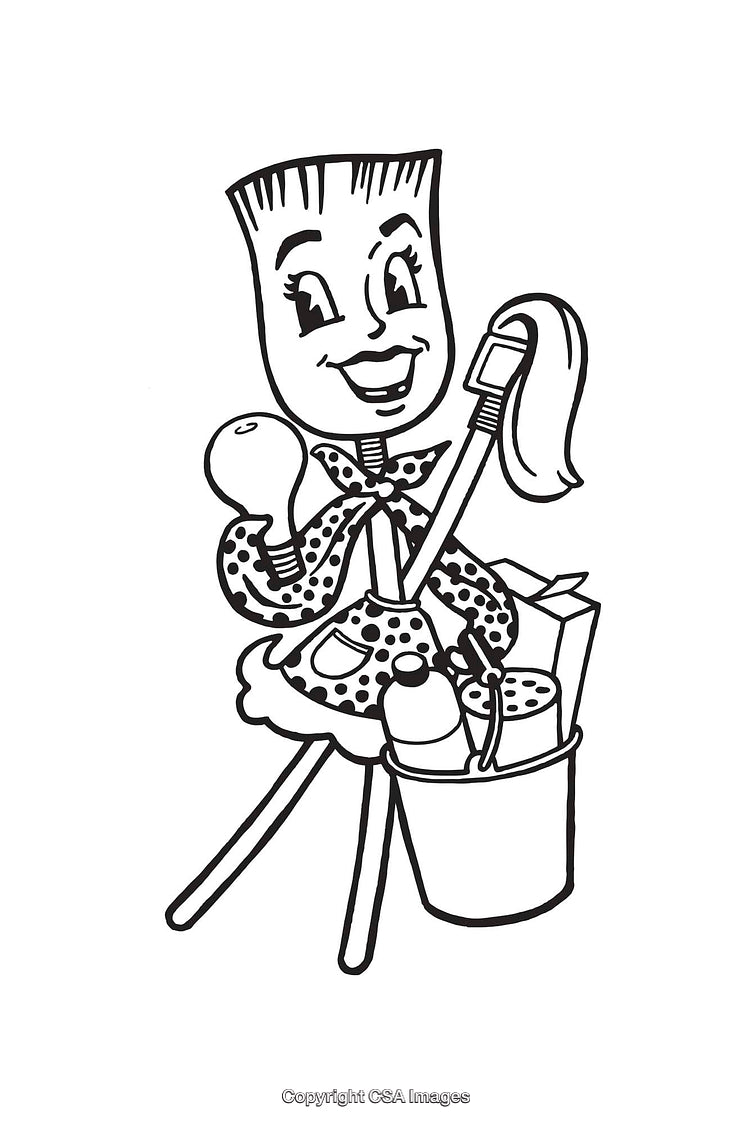 Charming Line Art Illustration of Anthropomorphic Cleaning Tools