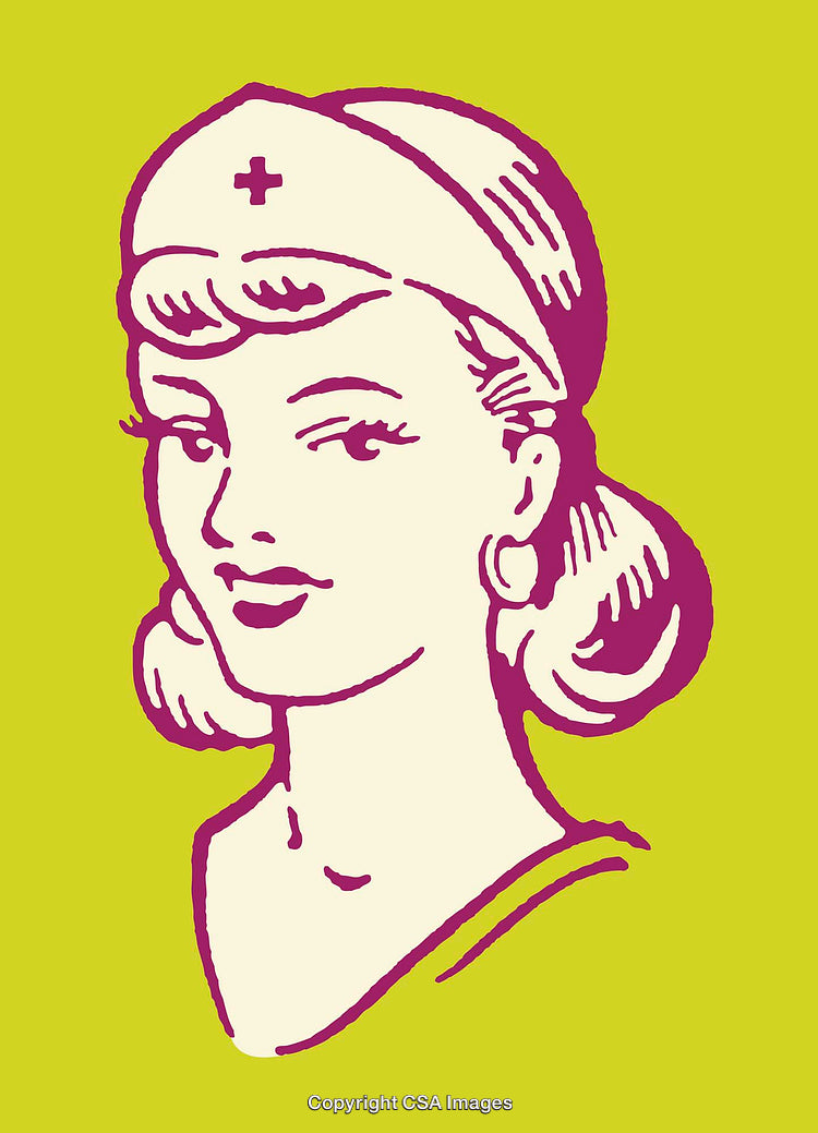 Retro Style Nurse Illustration in Yellow and Purple Color Scheme