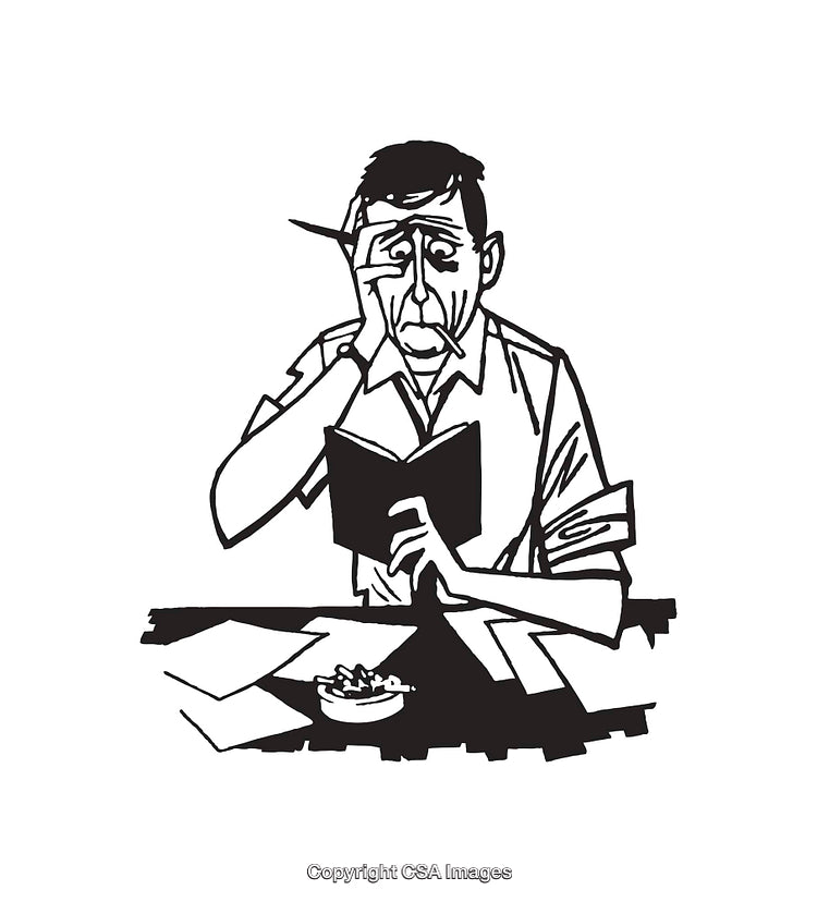 Black and White Line Art Depiction of a Man Reading at Desk