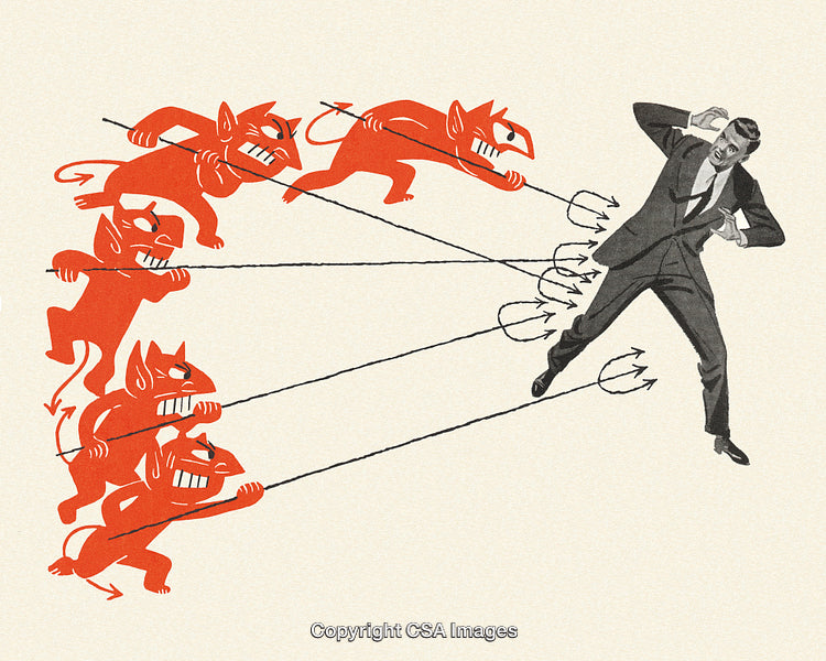 Retro Illustration of a Businessman Battling Fiery Red Cartoon Demons